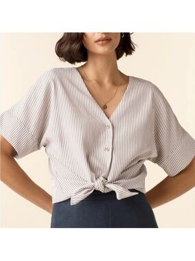 VETTA White & Tan Reversible Striped Button-Down Girlfriend convertible blouse